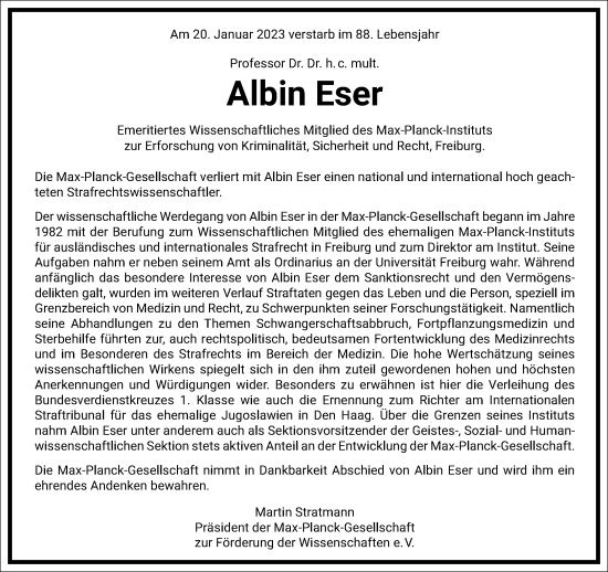 Traueranzeige von Albin Eser von Frankfurter Allgemeine Zeitung