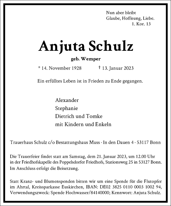 Traueranzeige von Anjuta Schulz von Frankfurter Allgemeine Zeitung