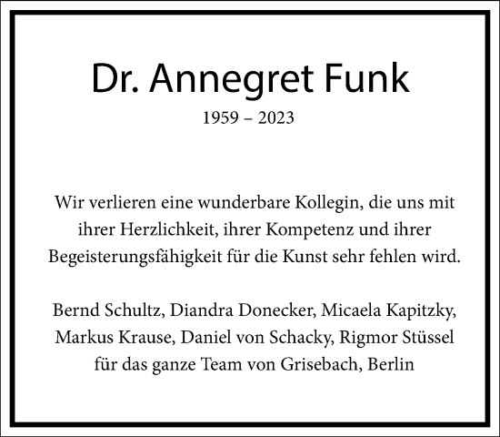 Traueranzeige von Annegret Funk von Frankfurter Allgemeine Zeitung