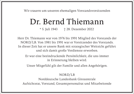 Traueranzeige von Bernd Thiemann von Frankfurter Allgemeine Zeitung