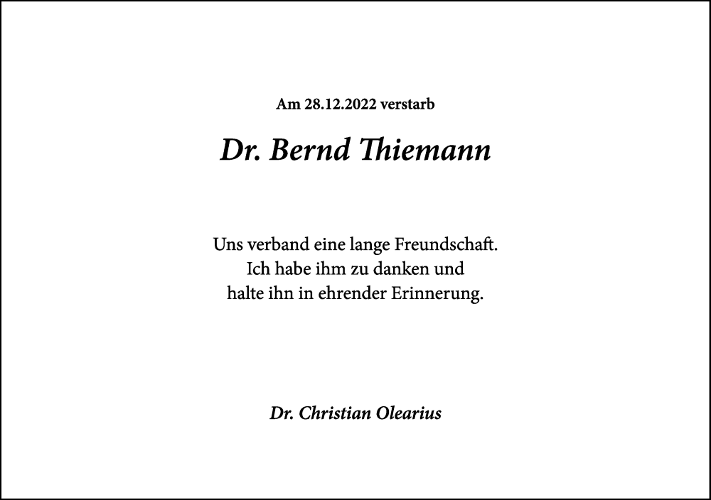  Traueranzeige für Bernd Thiemann vom 04.01.2023 aus Frankfurter Allgemeine Zeitung