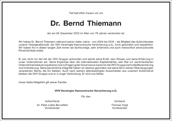 Traueranzeige von Bernd Thiemann von Frankfurter Allgemeine Zeitung