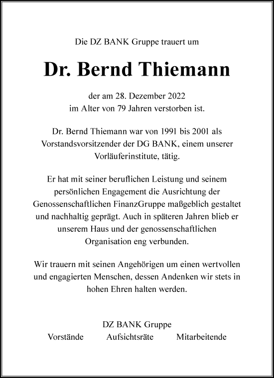 Traueranzeige von Bernd Thiemann von Frankfurter Allgemeine Zeitung