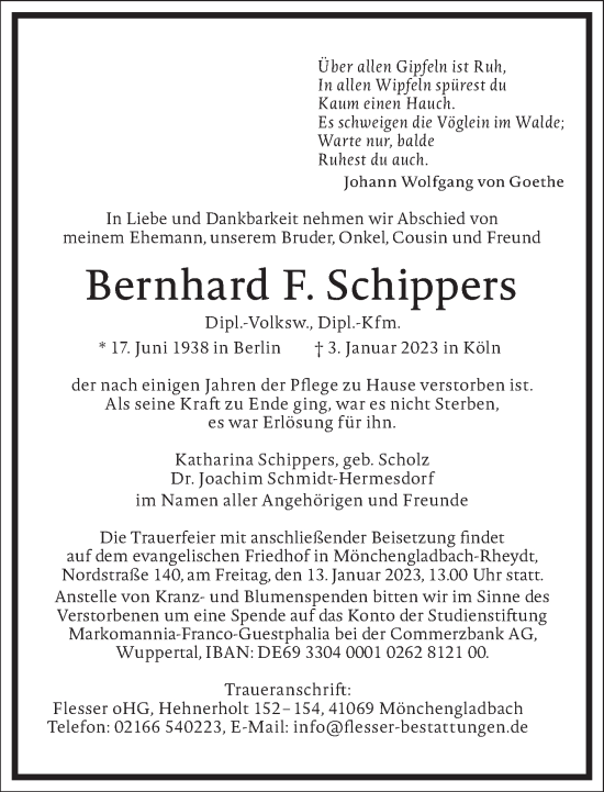 Traueranzeige von Bernhard  Schippers von Frankfurter Allgemeine Zeitung