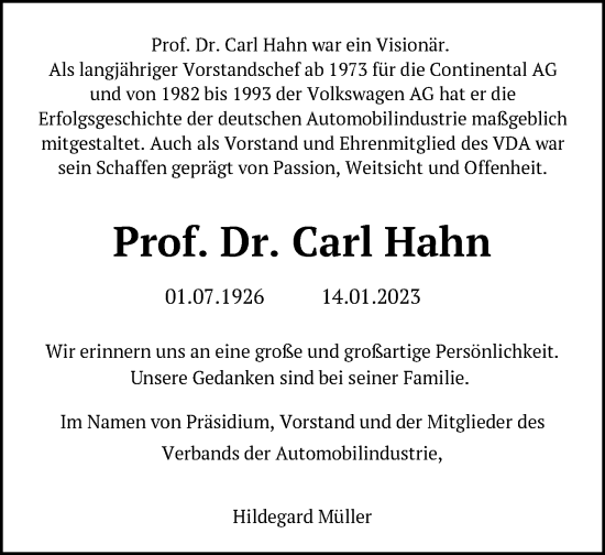 Traueranzeige von Carl Hahn von Frankfurter Allgemeine Zeitung