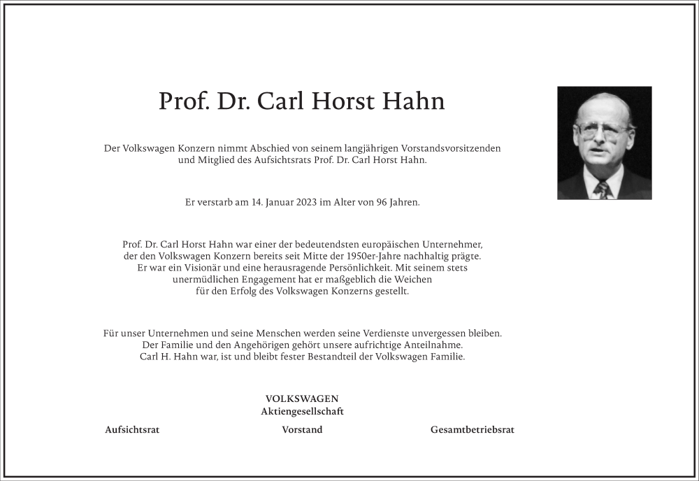  Traueranzeige für Carl-Horst  Hahn vom 18.01.2023 aus Frankfurter Allgemeine Zeitung