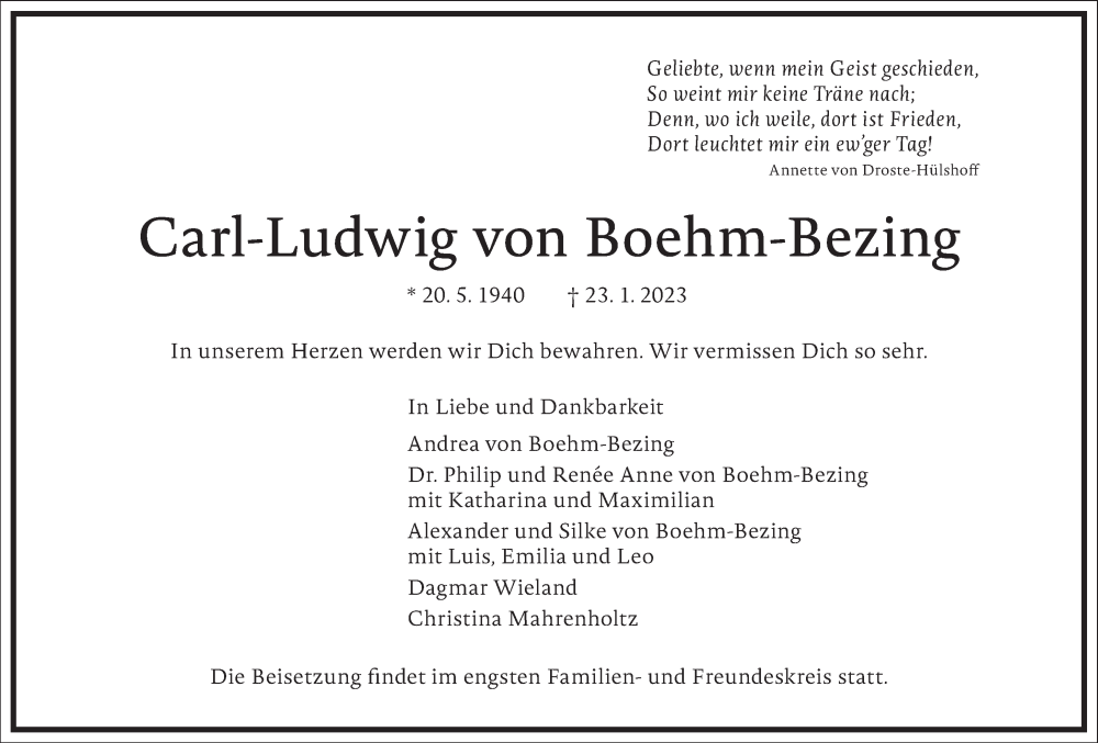  Traueranzeige für Carl-Ludwig von Boehm-Bezing vom 28.01.2023 aus Frankfurter Allgemeine Zeitung