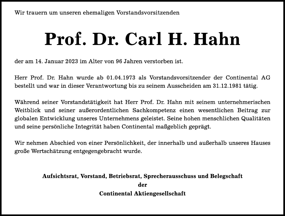  Traueranzeige für Carl H. Hahn vom 18.01.2023 aus Frankfurter Allgemeine Zeitung