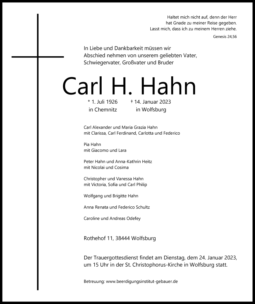  Traueranzeige für Carl H. Hahn vom 18.01.2023 aus Frankfurter Allgemeine Zeitung