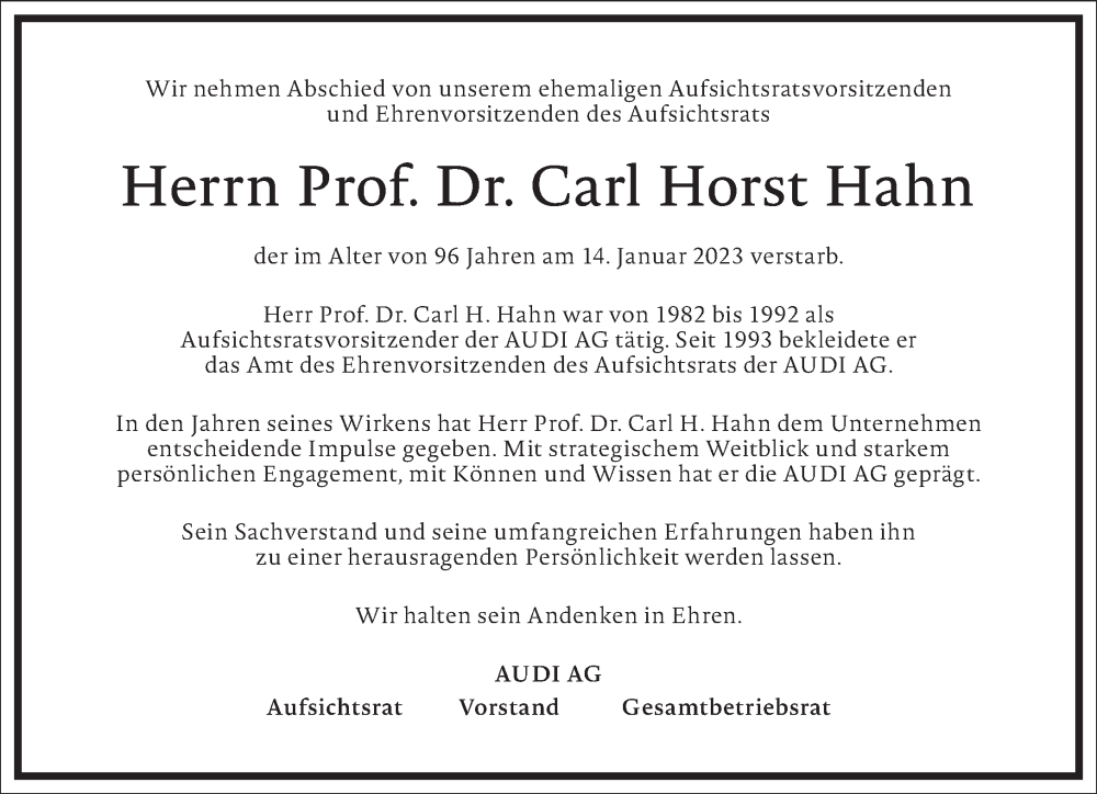  Traueranzeige für Carl Horst Hahn vom 18.01.2023 aus Frankfurter Allgemeine Zeitung