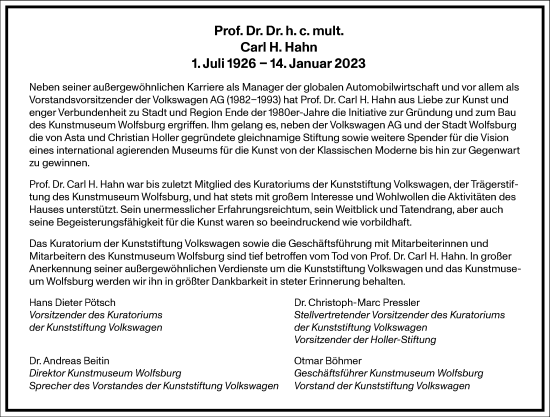 Traueranzeige von Carl Horst Hahn von Frankfurter Allgemeine Zeitung