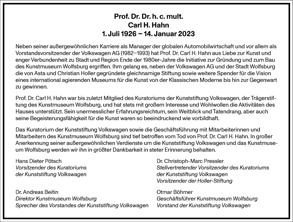  Traueranzeige für Carl Horst Hahn vom 18.01.2023 aus Frankfurter Allgemeine Zeitung