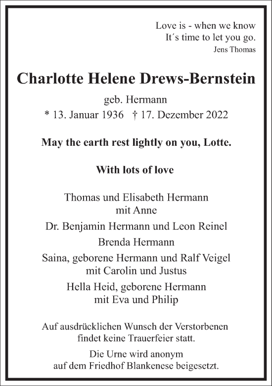 Traueranzeige von Charlotte Helene Drews-Bernstein von Frankfurter Allgemeine Zeitung