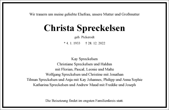 Traueranzeige von Christa Spreckelsen von Frankfurter Allgemeine Zeitung