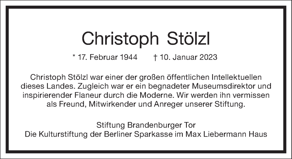  Traueranzeige für Christoph Stölzl vom 14.01.2023 aus Frankfurter Allgemeine Zeitung