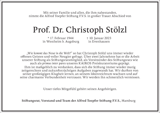 Traueranzeige von Christoph Stölzl von Frankfurter Allgemeine Zeitung