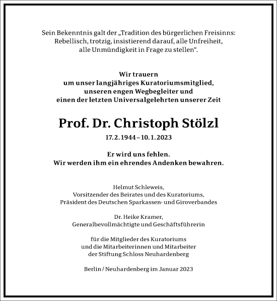 Traueranzeige von Christoph Stölzl von Frankfurter Allgemeine Zeitung