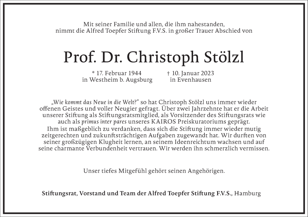  Traueranzeige für Christoph Stölzl vom 14.01.2023 aus Frankfurter Allgemeine Zeitung