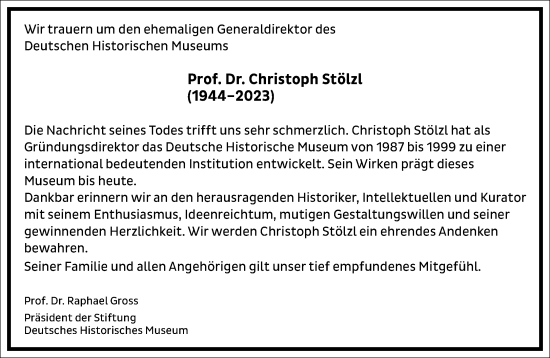 Traueranzeige von Christoph Stölzl von Frankfurter Allgemeine Zeitung