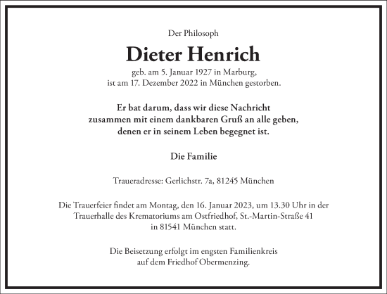 Traueranzeige von Dieter Henrich von Frankfurter Allgemeine Zeitung