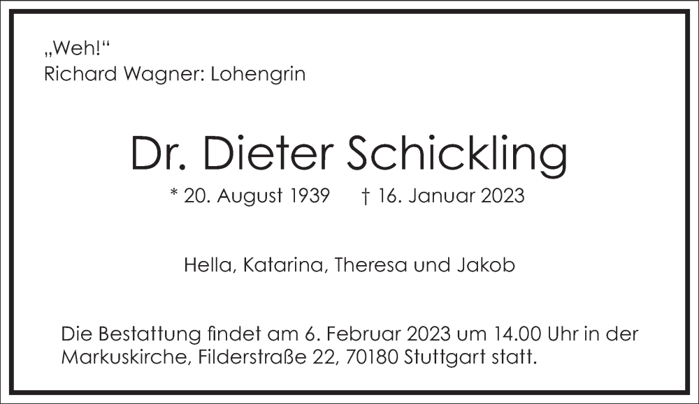  Traueranzeige für Dieter Schickling vom 21.01.2023 aus Frankfurter Allgemeine Zeitung