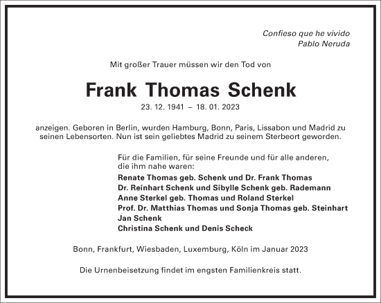 Traueranzeige von Frank Thomas Schenk von Frankfurter Allgemeine Zeitung