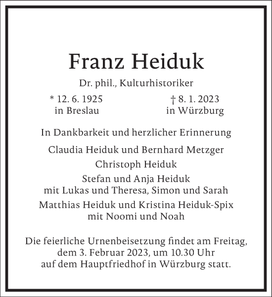 Traueranzeige von Franz Heiduk von Frankfurter Allgemeine Zeitung