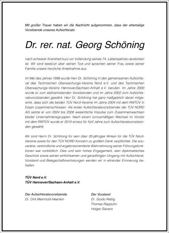 Traueranzeige von Georg Schöning von Frankfurter Allgemeine Zeitung