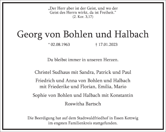 Traueranzeige von Georg von Bohlen und Halbach von Frankfurter Allgemeine Zeitung