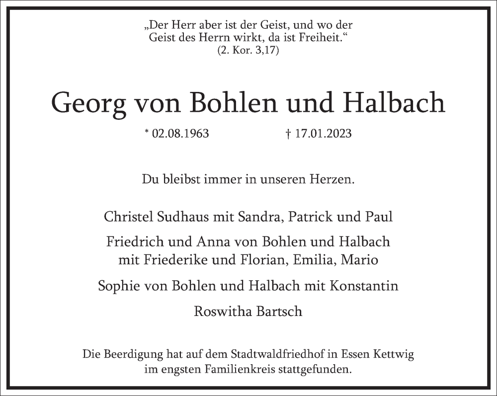  Traueranzeige für Georg von Bohlen und Halbach vom 28.01.2023 aus Frankfurter Allgemeine Zeitung