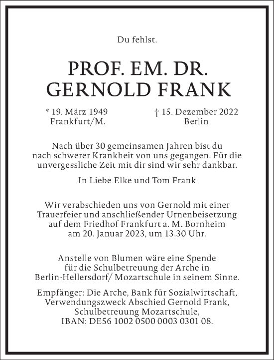 Traueranzeige von Gernold Frank von Frankfurter Allgemeine Zeitung