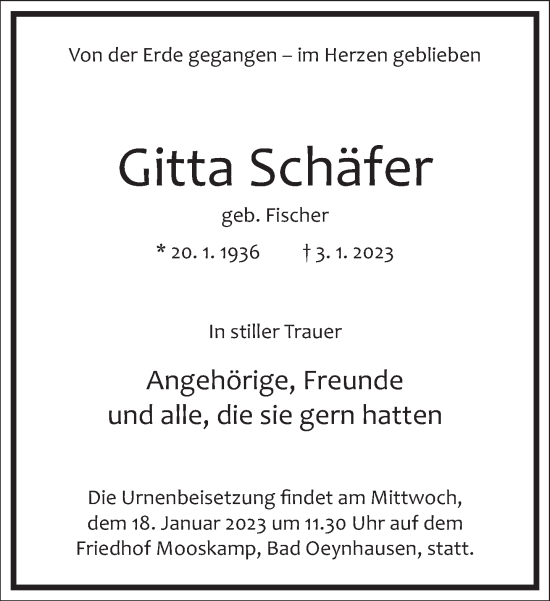 Traueranzeige von Gitta Schäfer von Frankfurter Allgemeine Zeitung