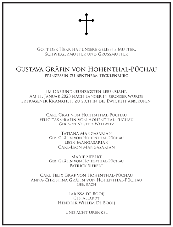 Traueranzeige von Gustava Gräfin von Hohenthal-Püchau von Frankfurter Allgemeine Zeitung