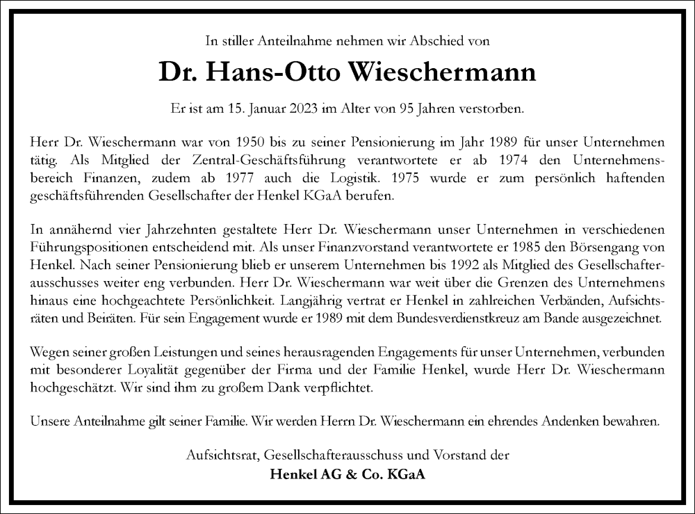  Traueranzeige für Hans-Otto Wieschermann vom 21.01.2023 aus Frankfurter Allgemeine Zeitung