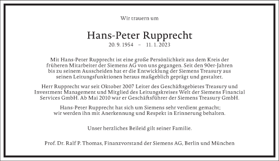 Traueranzeige von Hans-Peter Rupprecht von Frankfurter Allgemeine Zeitung