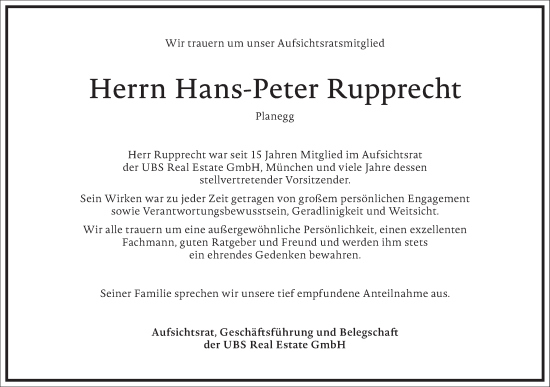 Traueranzeige von Hans-Peter Rupprecht von Frankfurter Allgemeine Zeitung