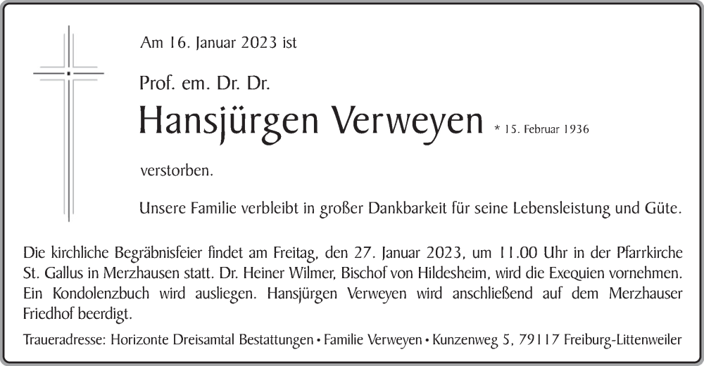 Traueranzeige für Hansjürgen Verweyen vom 24.01.2023 aus Frankfurter Allgemeine Zeitung