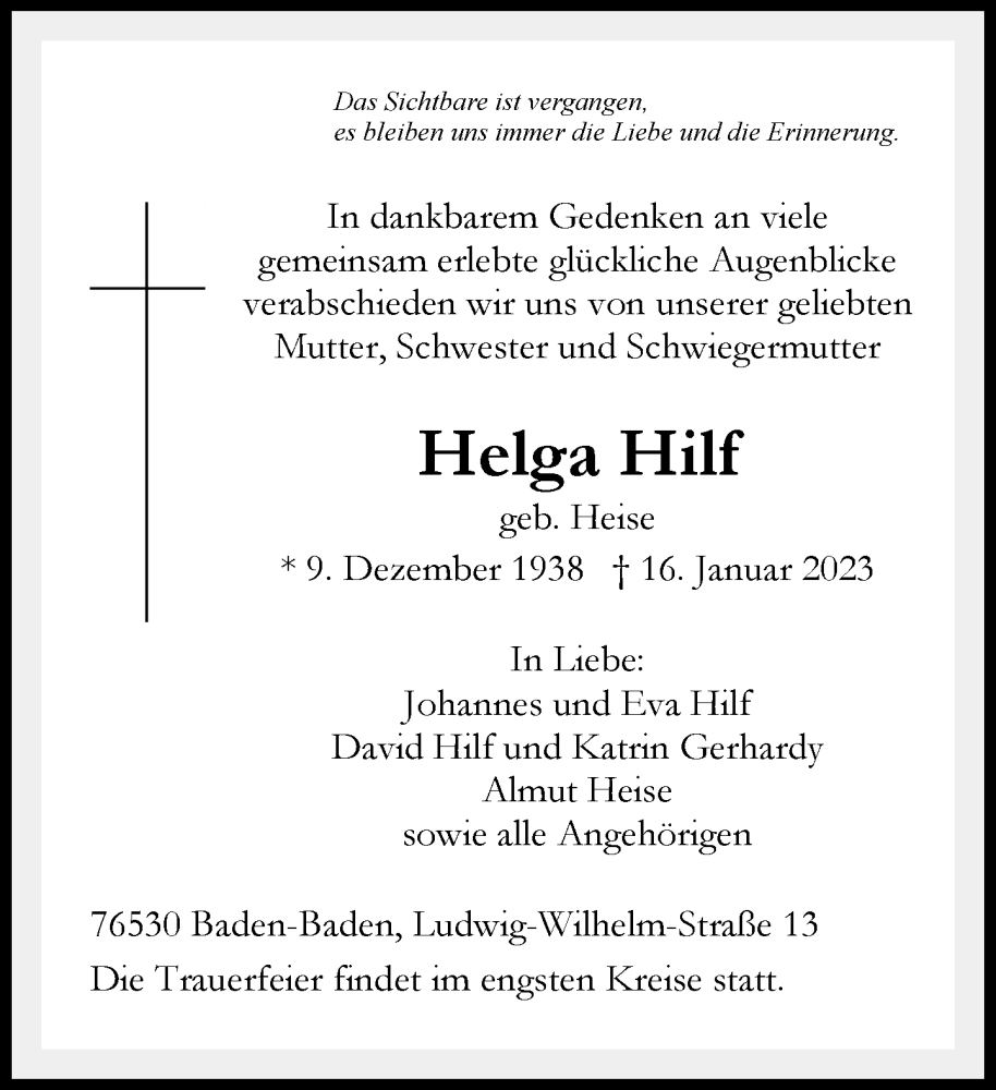  Traueranzeige für Helga Hilf vom 21.01.2023 aus Frankfurter Allgemeine Zeitung