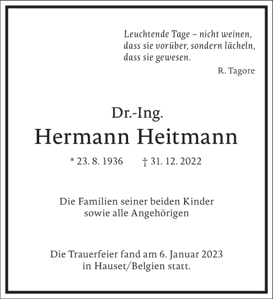 Traueranzeige von Hermann Heitmann von Frankfurter Allgemeine Zeitung