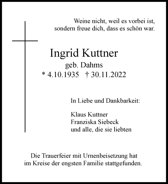 Traueranzeige von Ingrid Kuttner von Frankfurter Allgemeine Zeitung