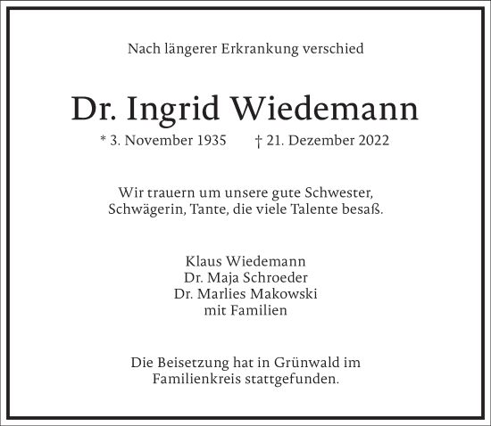 Traueranzeige von Ingrid Wiedemann von Frankfurter Allgemeine Zeitung