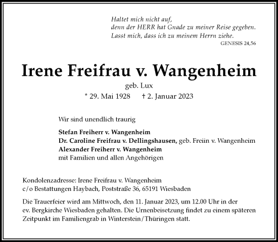 Traueranzeige von Irene  Freifrau v. Wangenheim von Frankfurter Allgemeine Zeitung