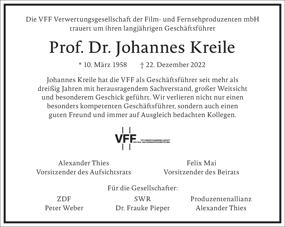  Traueranzeige für Johannes Kreile vom 14.01.2023 aus Frankfurter Allgemeine Zeitung