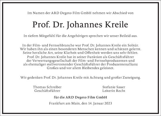 Traueranzeige von Johannes Kreile von Frankfurter Allgemeine Zeitung