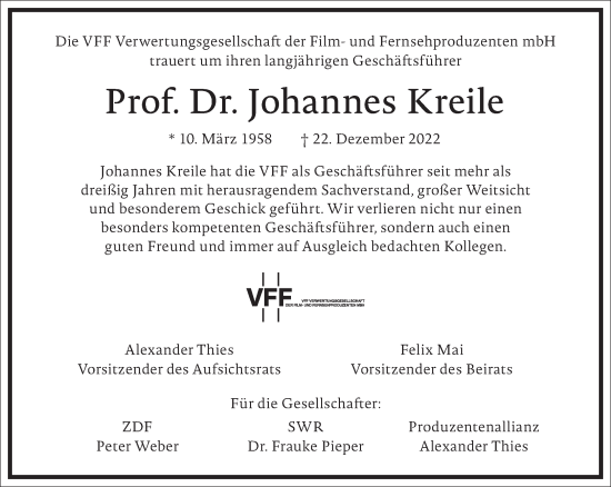 Traueranzeige von Johannes Kreile von Frankfurter Allgemeine Zeitung