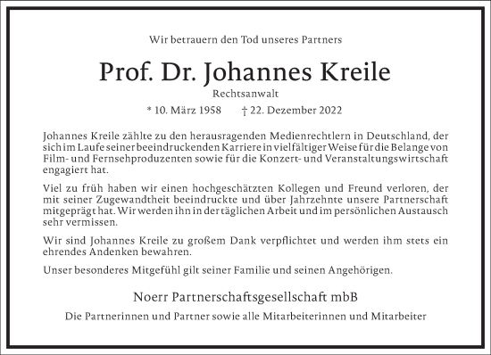 Traueranzeige von Johannes Kreile von Frankfurter Allgemeine Zeitung