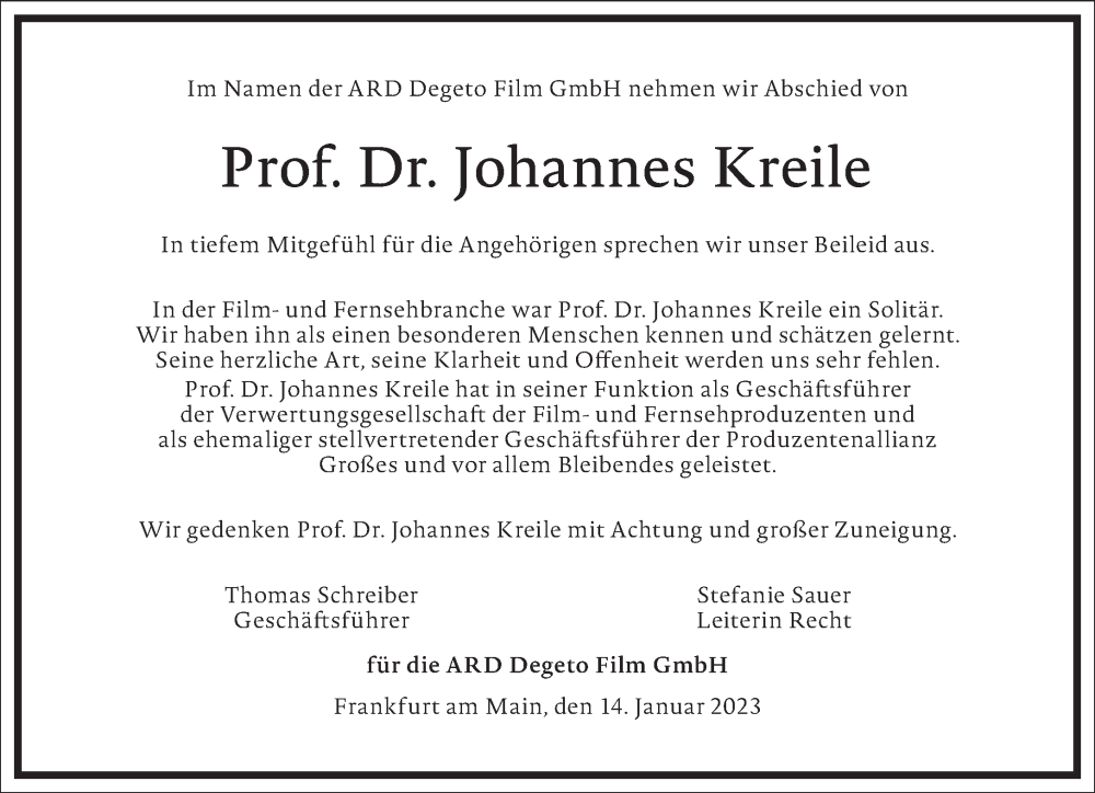  Traueranzeige für Johannes Kreile vom 14.01.2023 aus Frankfurter Allgemeine Zeitung