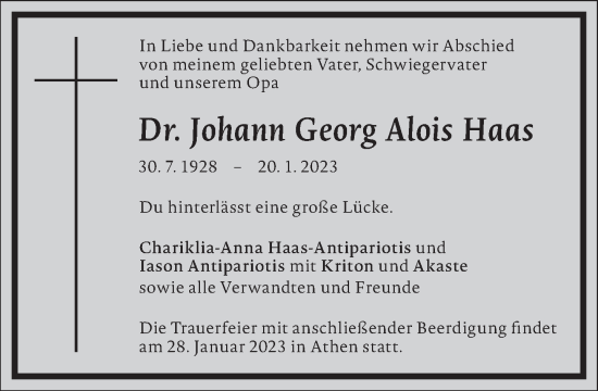 Traueranzeige von Johann Georg Alois Haas von Frankfurter Allgemeine Zeitung