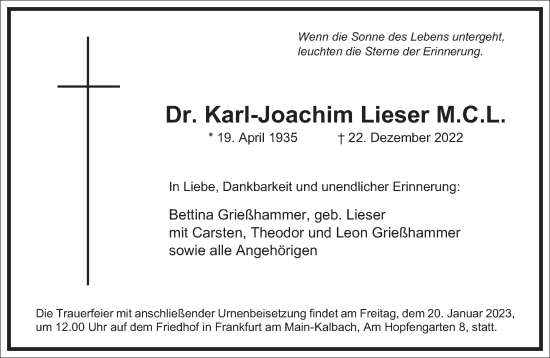 Traueranzeige von Karl-Joachim Lieser von Frankfurter Allgemeine Zeitung