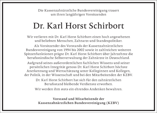 Traueranzeige von Karl Horst Schirbort von Frankfurter Allgemeine Zeitung